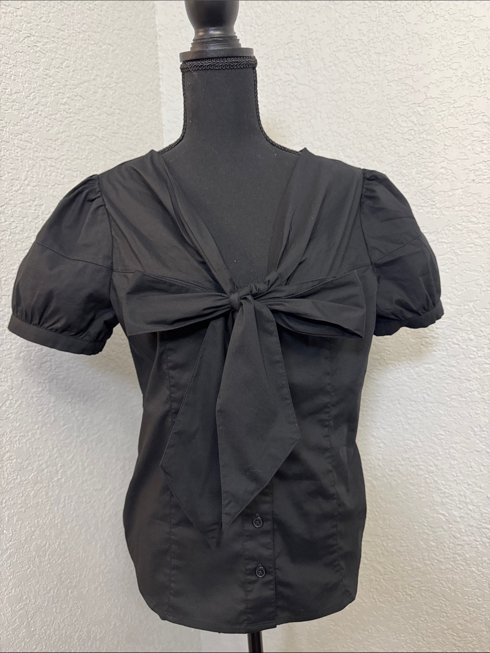 Matty M Black Bow-Tie Puff Sleeve Button-Down Top